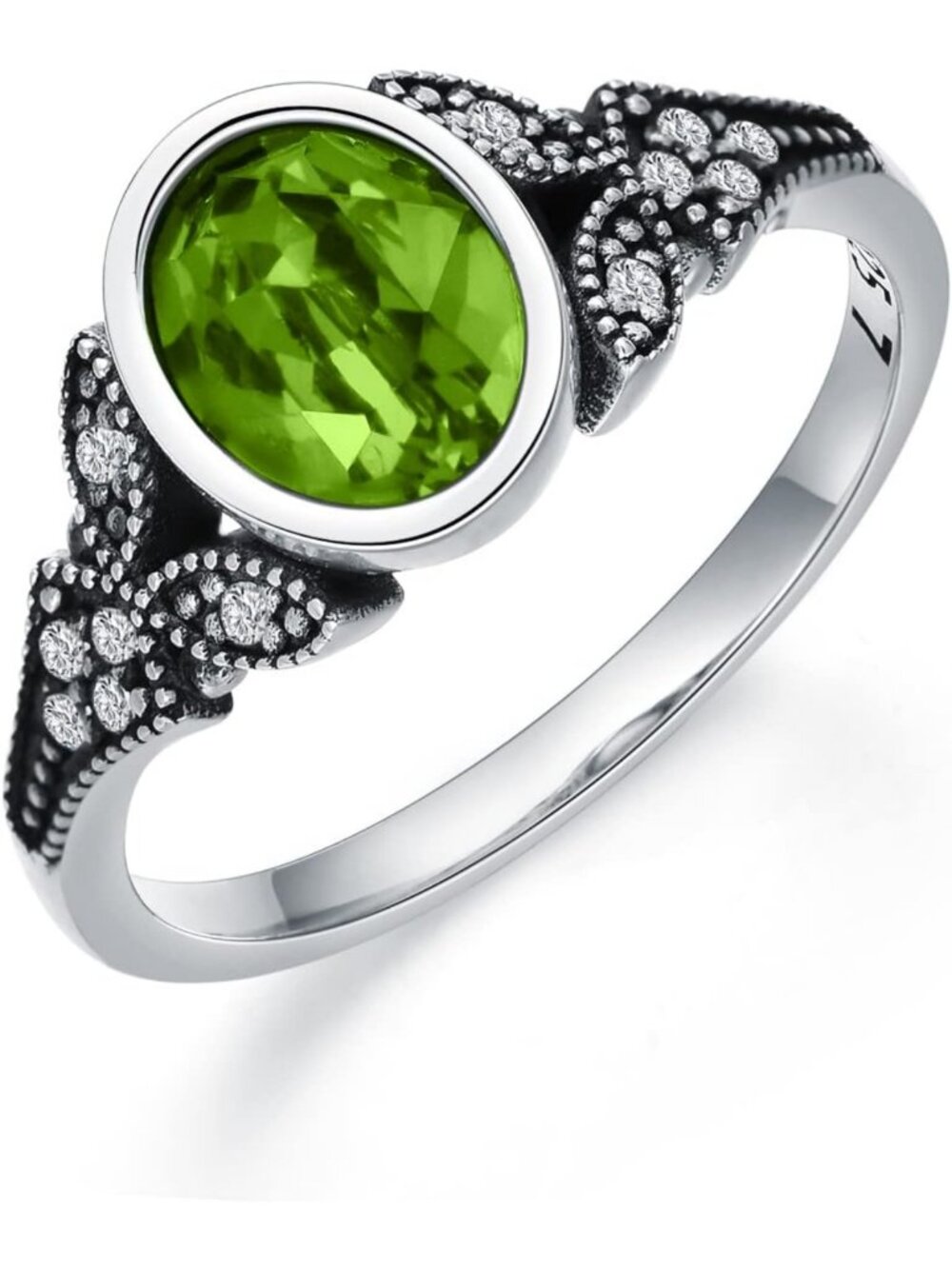 Retro Vintage 925 Sterling Silver Oxidized Band Ring with Oval Cut Birthstone